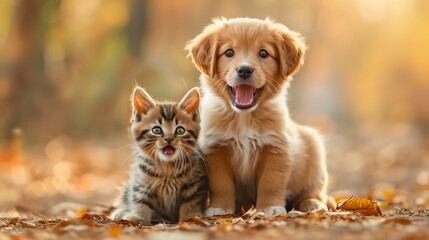 Obraz premium Unlikely Friends: Heartwarming Puppy and Kitten Bond