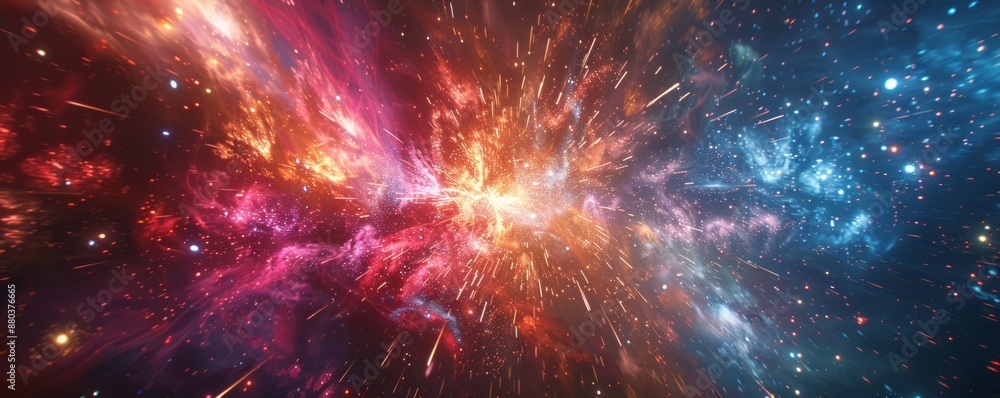 Poster a photorealistic depiction of a fireworks display illuminating the night sky, the colorful explosion