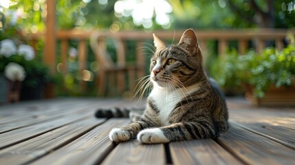 Cat resting on wood deck overlooking garden with copy space