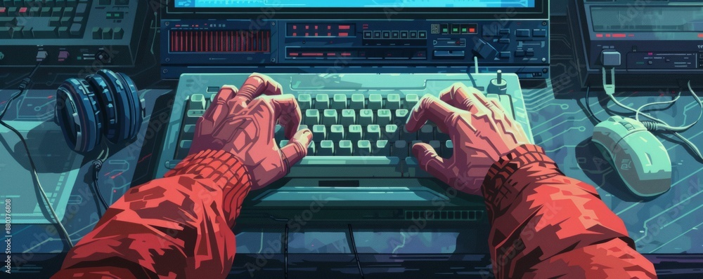Poster a pixel art illustration of a hacker typing on a computer, their fingers flying across the keyboard,