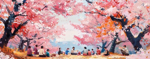 Fototapeta premium A traditional Japanese Hanami festival with people picnicking under cherry blossoms, enjoying their beauty and fleeting nature.