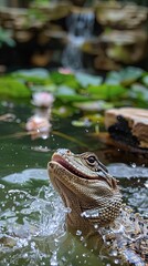 Caiman Lurking in Pond with Water Splashes