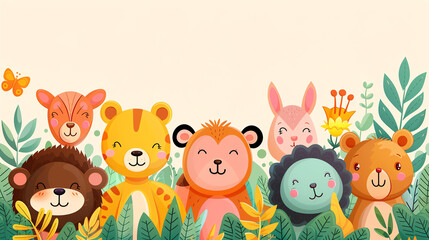 Adorable cartoon animals, friendly faces, for kids, flat design illustration