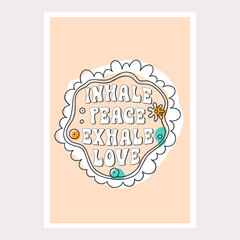 Vector set of cards with one line simple elements and quotes. Groovy spring nature inspired theme with lettering, flowers, and mandala. Line art isolated on the background