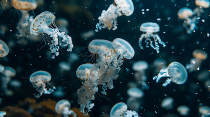 Obraz premium Beautiful colorful jellyfish swimming in the deep sea