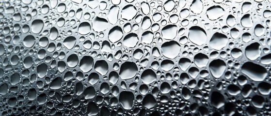 Panoramic close-up, high detail scan of waterdrops on window texture, Generative AI