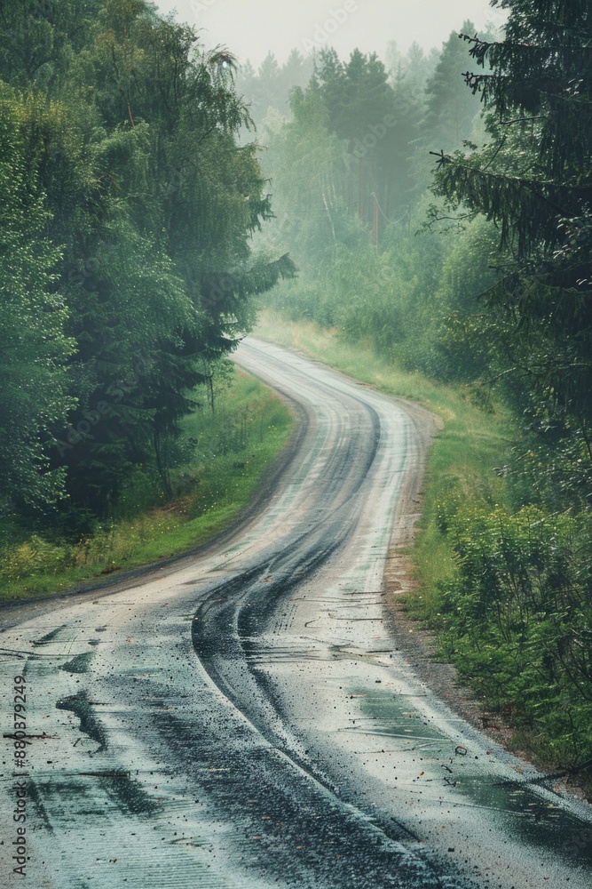 Poster a wet road in the middle of a forest with lush green trees and vegetation
