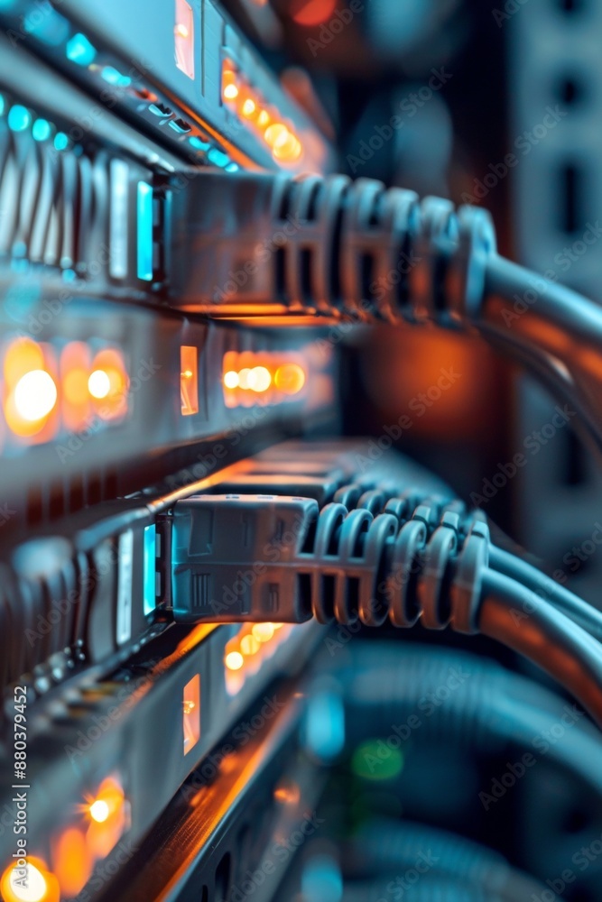 Poster a network cable snaking through a server rack, close-up macro shot with shallow depth of field