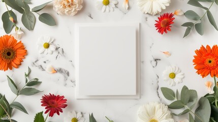 Floral assortment for springtime with empty white frame concept of seasonal beauty focus on blooming flowers vibrant overlay garden setting, focus cover all object