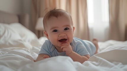 The smiling baby on bed