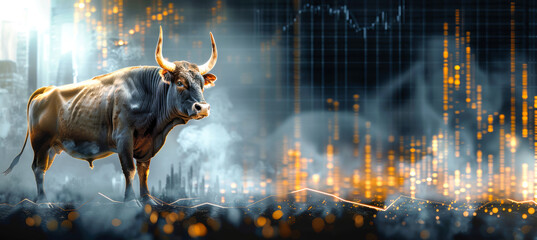 A powerful bull stands confidently amidst a glowing cityscape of financial data, smoke, and sparks