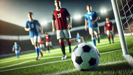 Fototapeta premium Football players in blue and red uniforms