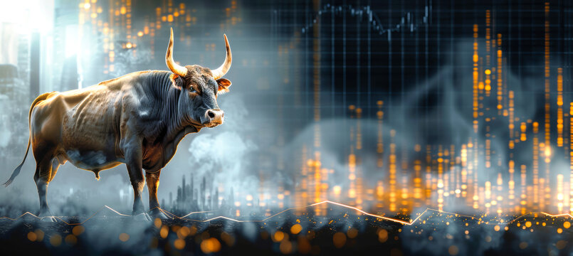 A powerful bull stands confidently amidst a glowing cityscape of financial data, smoke, and sparks