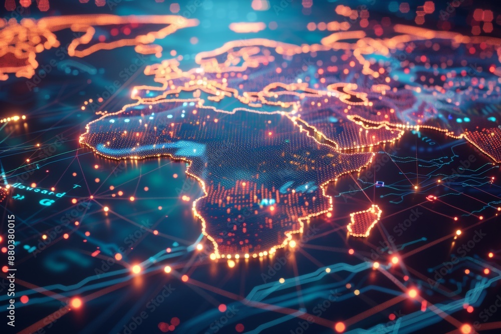 Poster a pixelated world map with chunky continents, glowing nodes representing major data hubs, pulsating 