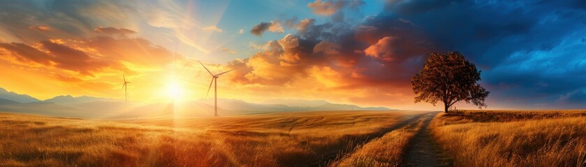 Obraz premium Stunning Sunset Over Wind Turbines in a Golden Field with a Lone Tree and Dramatic Sky