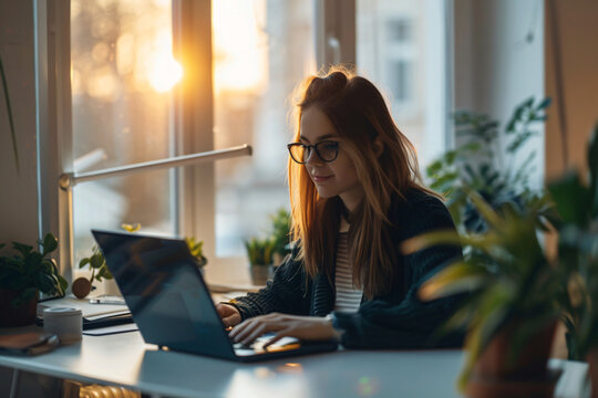 Stylish businesswoman working on a laptop at a white desk in an office. A young woman wearing glasses using a computer while sitting at a table in the style of copy space, real photo.
