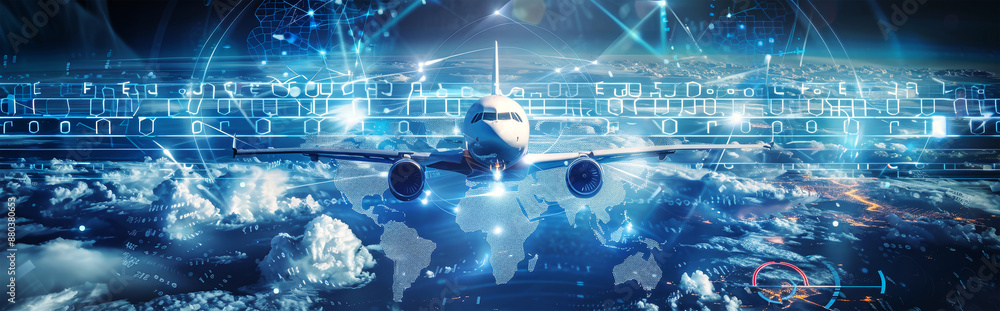 Poster a futuristic airplane flies through a digital network of interconnected lines and data, with a world