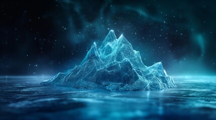 A blue ice block with a mountain on top. Neural network concept. Digital background ideal for technological operations