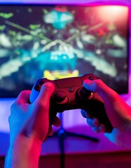 Gaming Controller being held by Player - Playing a Game on a Game Console on a Big Screen - Lit by Neon colored Light - Streamer streaming and playing a Racing Adventure Game, Hands holding a Joystick