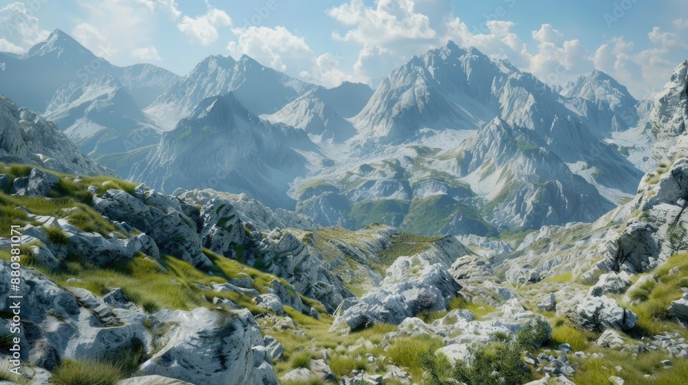 Poster Distant view of a mountain range with varying elevations and textures, suitable for use in travel or outdoor-themed projects