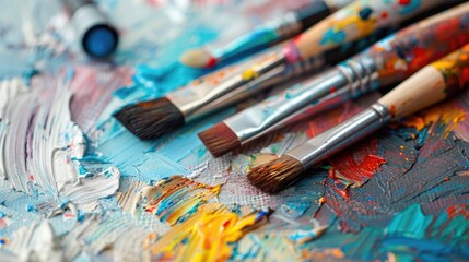 Colorful drawing tools and paintbrushes on a white surface Simulation