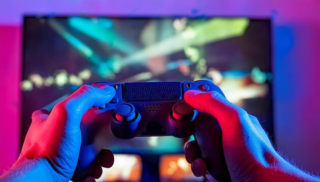 Gaming Controller being held by Player - Playing a Game on a Game Console on a Big Screen - Lit by Neon colored Light - Streamer streaming and playing a Racing Adventure Game, Hands holding a Joystick