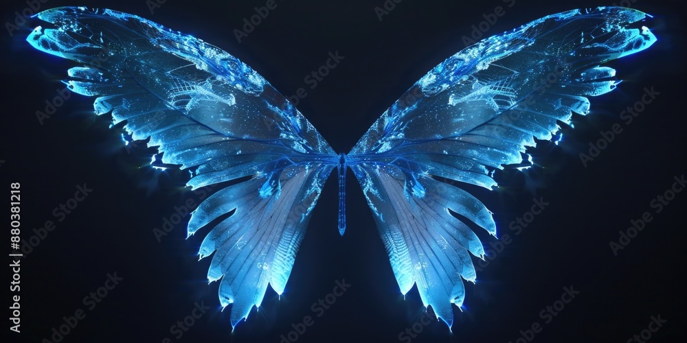 Poster a blue butterfly emitting light in a dark environment, suitable for use as a symbol of hope or guida