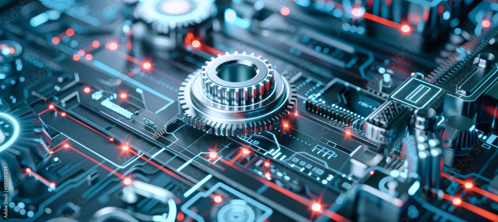 Poster a close-up of intricately designed digital mechanisms, rendered in 3d, featuring holographic diagram
