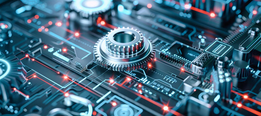 A close-up of intricately designed digital mechanisms, rendered in 3D, featuring holographic diagrams and graphs