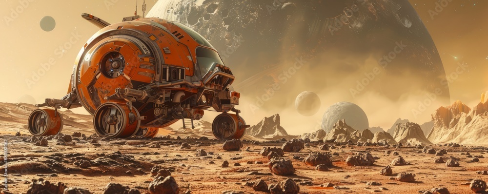 Poster a robot exploring a desolate alien world.