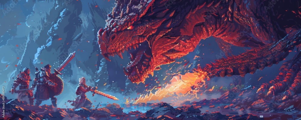 Poster a pixel art rendition of a group of pixelated adventurers battling a pixelated dragon in a pixelated