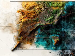 Aerial View of Coastal City with Topographic Map Overlay Showing Urban and Natural Landscapes