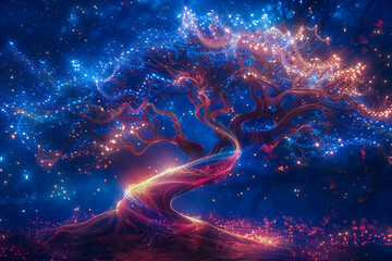 A vibrant abstract representation of a tree with branches and leaves made of glowing, interconnected lines, symbolizing growth and the spread of knowledge through continuous learning