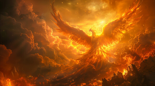 A phoenix rising from the ashes against a backdrop of destruction, representing rebirth and indomitable spirit