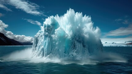 Fototapeta premium Majestic Iceberg Exploding in Arctic Waters Under a Clear Blue Sky with Snow-Capped Mountains in the Background