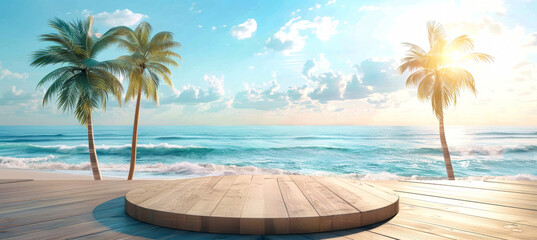 A wooden podium sits on a beach boardwalk with palm trees and ocean waves in the background. The sky is clear and blue, with the sun shining through the palm leaves