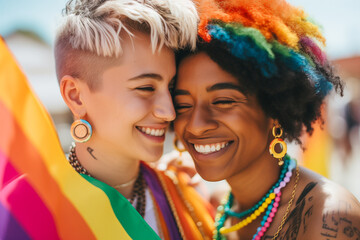 Fototapeta premium Joyous friends celebrating pride with vibrant rainbow colors showcasing love and diversity