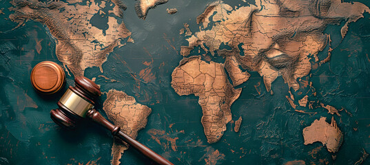 A wooden gavel rests atop a detailed world map, representing the reach of international law and justice across the globe