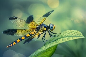 Black and yellow dragonfly resting on green leaf . Dragonflies in nature macro photo. In the garden or forest, Dragon fly is perched on leaves with blurred background. , close-up shooting, ultra detai