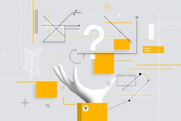 hand holding question mark, geometric shapes and lines in background, light grey and yellow color palette