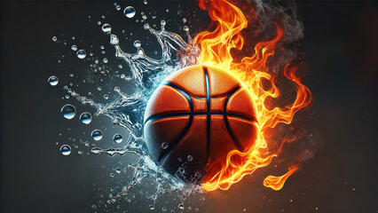 Dynamic basketball with fiery and water elements