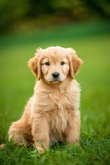 Retriever puppy sitting on vibrant green grass, looking up curiously.