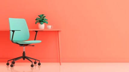 A minimalist office space with a teal chair, plant, and coffee cup on a desk against a coral wall.