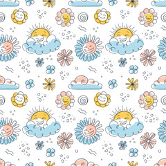 Vector seamless pattern with Groovy and Hippie vibes, sun and clouds, and smiling flowers on a white background