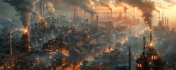 Steampunk Industrial Cityscape, 4K hyperrealistic photo