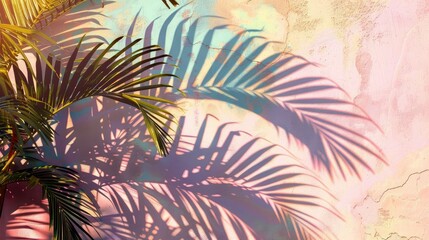 Tropical palm leaves casting beautiful shadows on a pastel-colored wall in the summer sun