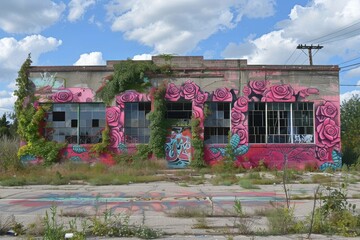 Abandoned Building With Pink Rose Mural in Urban Landscape