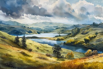 A soft watercolor landscape of rolling hills and tranquil lakes, AI generated