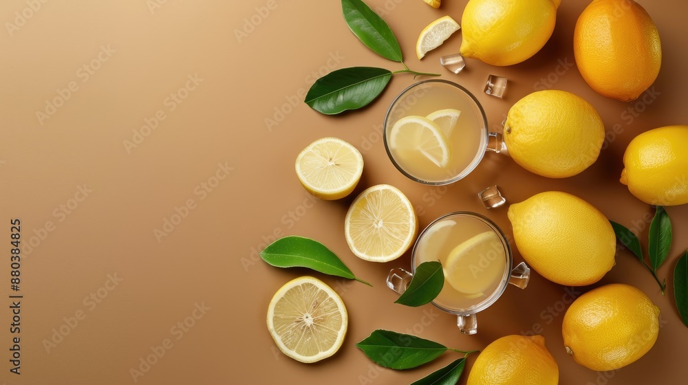 Poster balanced lemonade composition on brown background with space for text