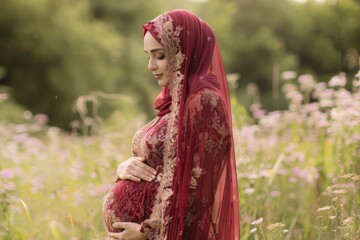 Pregnant Woman In Red Dress Standing In A Field